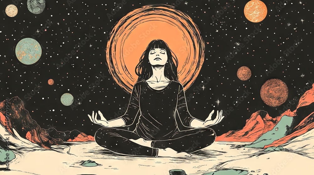 A meditating woman delves into her inner world and discovers harmony	
