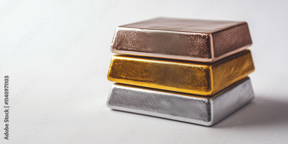 Stack of metal bars, gold, silver, and copper ingots for investment and trade Stack of metal bars, gold, silver, and copper ingots for investment and trade
