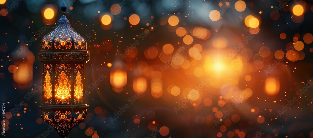 A glowing lantern amidst a dreamy background of soft bokeh lights.