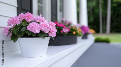A row of potted plants sit on a window sill