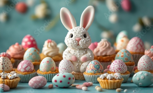 Cute bunny figurine surrounded by colorful Easter sweets and decorations on a festive table