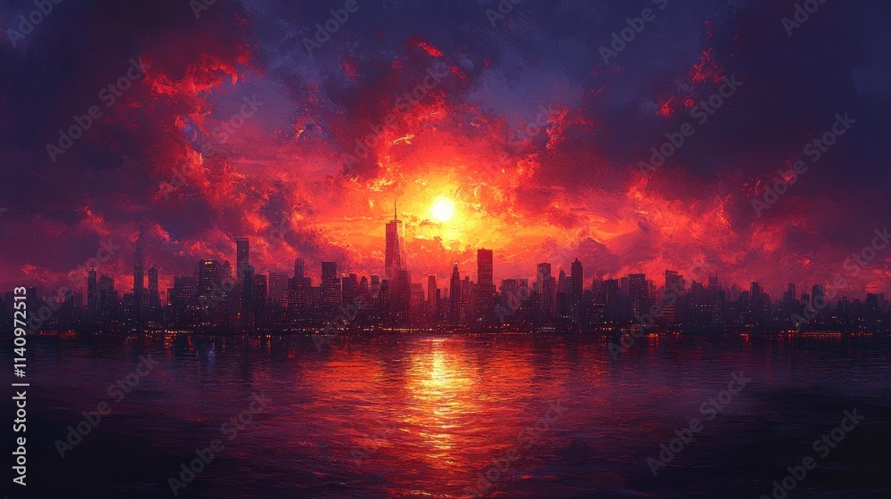 Fototapeta premium Fiery sunset over city skyline, water reflects.