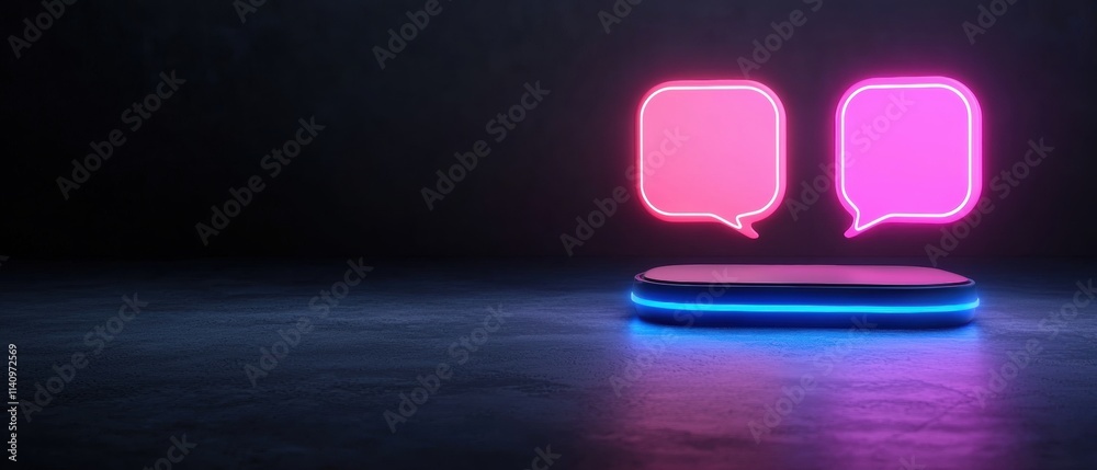 Pair of pink neon speech bubbles on a dark background. the speech bubbles are placed on top of a rectangular platform with a blue light shining on them.