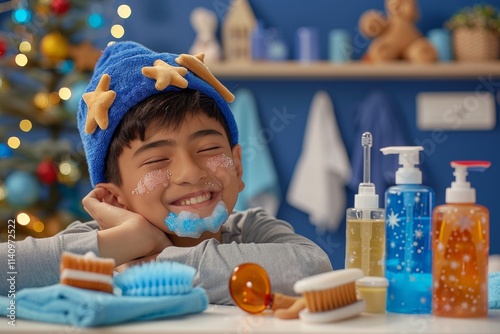 Cute little boy with foam on his face in the bath at home