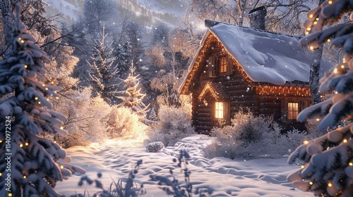 Christmas cabin, warm lights, snowcovered roof, peaceful setting photo