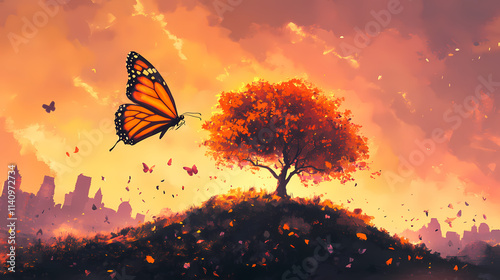 Butterfly dances on an arboreal island, ai autumnal art. Arboreal. Illustration