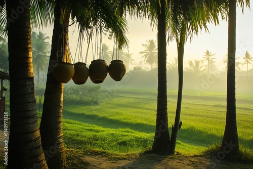 Foggy Winter Morning in Bengali Village, Man Collecting Date Palm Sap as Sun Rises Over Misty Fields photo