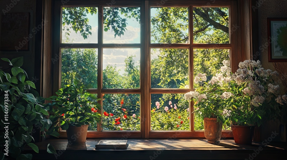 Window overlooking a spring blooming garden Window overlooking a spring blooming garden