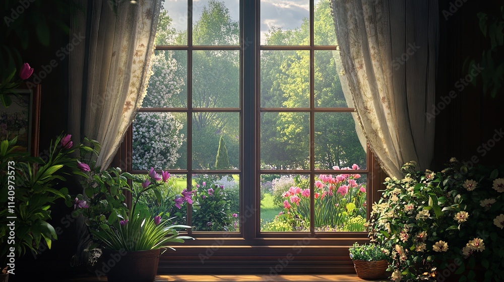 Fototapeta premium Window overlooking a spring blooming garden