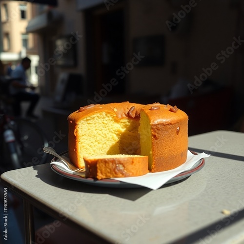 Candid street photography of pound cake on a kitchen table, strong hard light, direct harsh shadows, urban setting, spontaneous candid moment