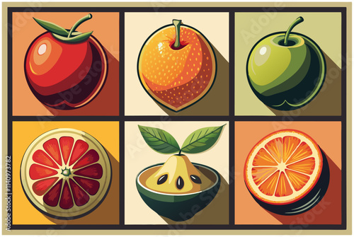 Colorful collection of various fruits with black outline design