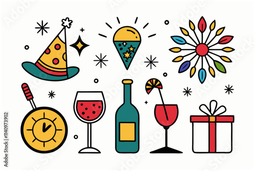 Various New Year's Eve elements in colorful minimal design