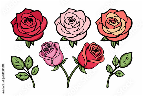 Different rose designs with black outlines on a white background