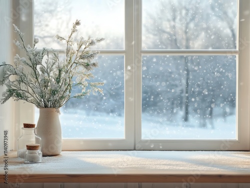 Winter Window Scene With Snow And Flowers