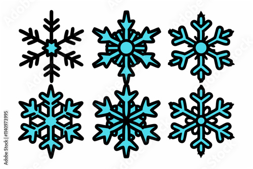 Unique snowflake set with black outlines for winter designs
