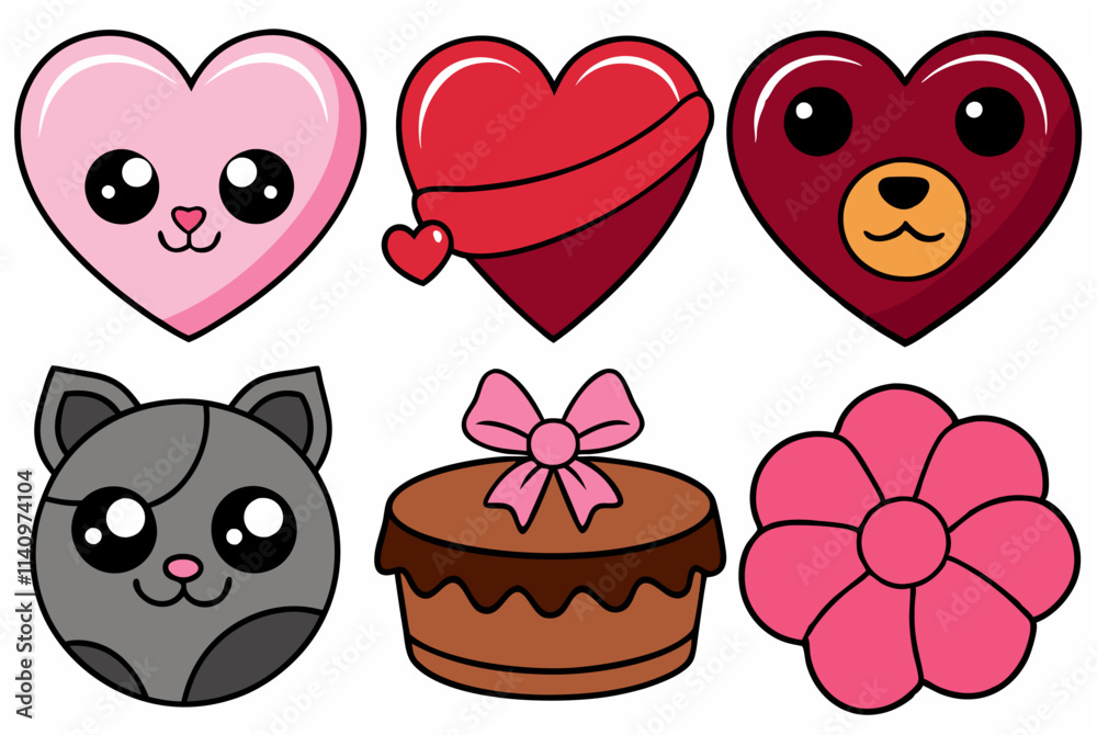 Fototapeta premium Valentines day themed icons with black outline for festive designs