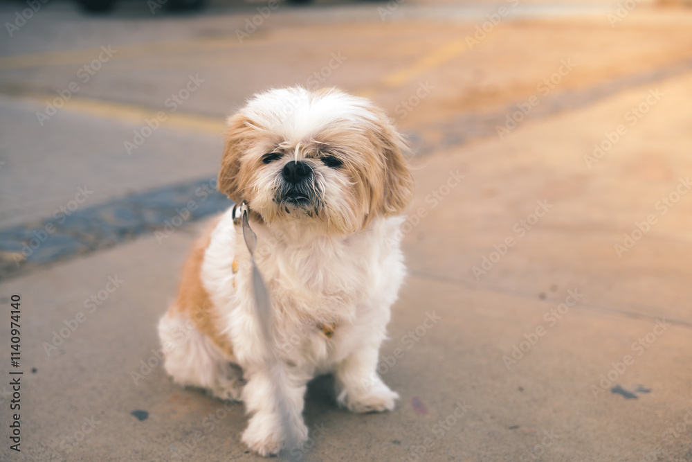 A small white and brown Shih Tzu dog is sitting on the ground. The dog is looking at the camera. Pets concept. A small white and brown Shih Tzu dog is sitting on the ground. The dog is looking at the camera. Pets concept.