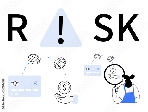 Coins moving from broken credit card to hand, magnifying glass examining coin in hand. Ideal for financial security, risk management, fraud detection, economic analysis, banking, investment, business