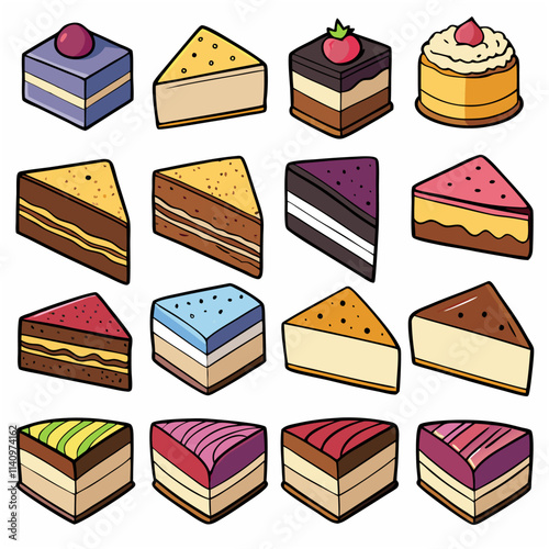 Delicious assortment of slice cakes with colorful designs