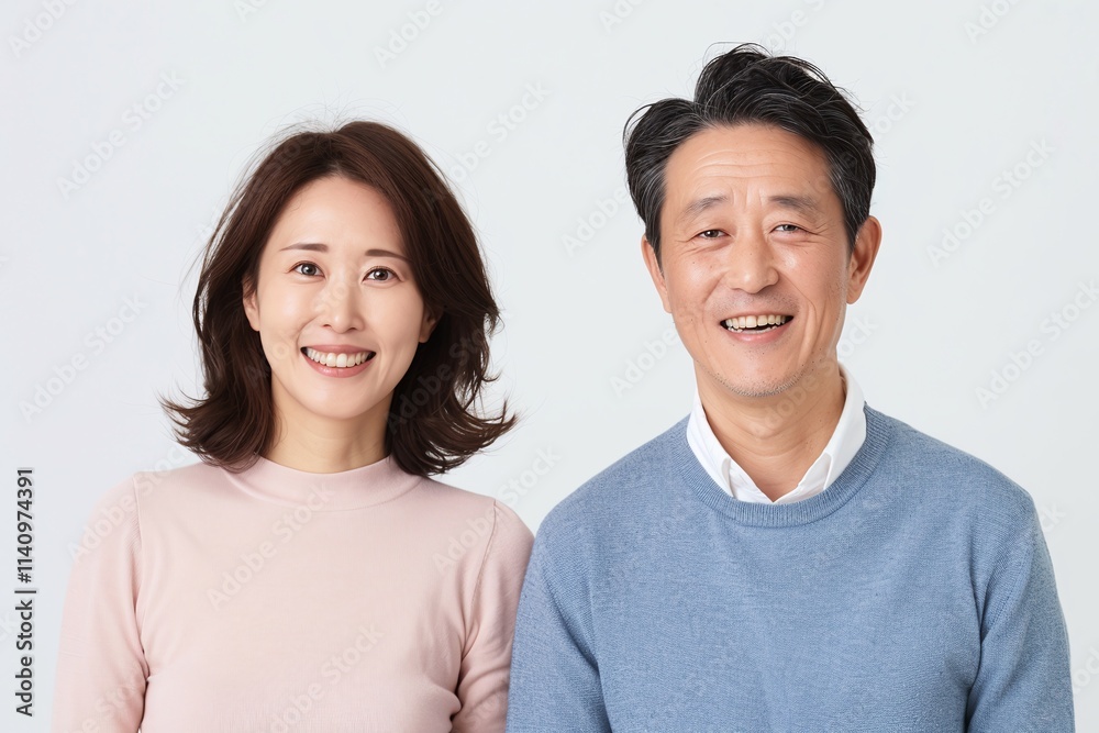 Studio portrait of a smiling middle-aged couple, man in a light blue sweater and woman in a soft pink sweater, standing together against a white background, casual and cheerful theme, modern lifestyle Studio portrait of a smiling middle-aged couple, man in a light blue sweater and woman in a soft pink sweater, standing together against a white background, casual and cheerful theme, modern lifestyle
