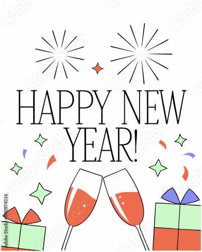 Celebrate New Year's Eve with champagne glasses and fireworks