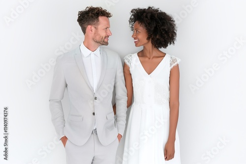 Elegant studio portrait of a young interracial couple, bride in a white wedding dress and groom in a light gray suit, standing together against a bright white background, modern and minimalistic weddi photo