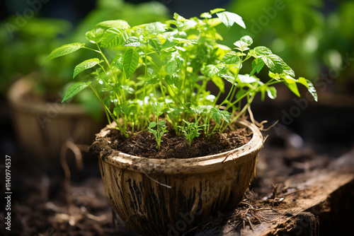 humble vessel of earth cradles delicate roots of a vibrant plant, nurturing its growth and embodying essence of life's flourishing photo