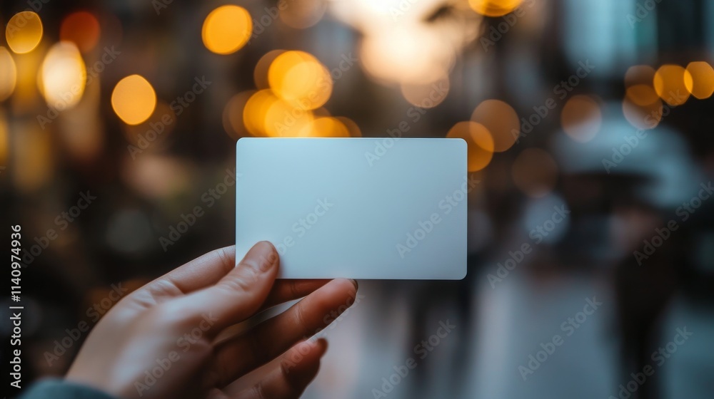 Hand holding a blank card in a softly lit outdoor setting during evening twilight