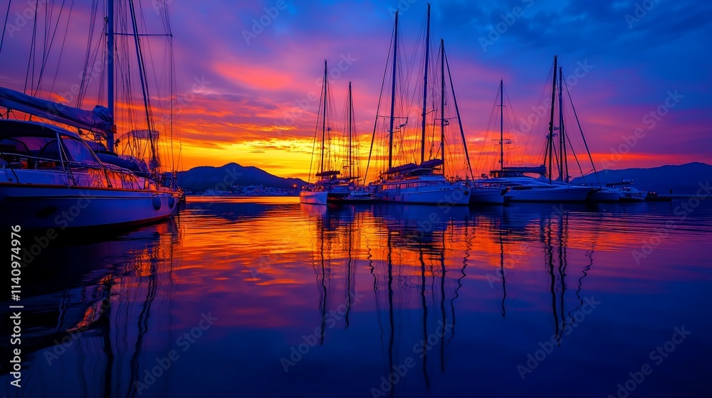 Vivid sunset over a marina with yachts reflecting in calm water. Vivid sunset over a marina with yachts reflecting in calm water.