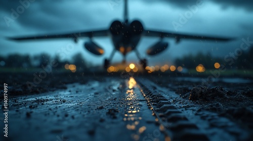 Jet plane on runway, rain, blurred background, low angle.