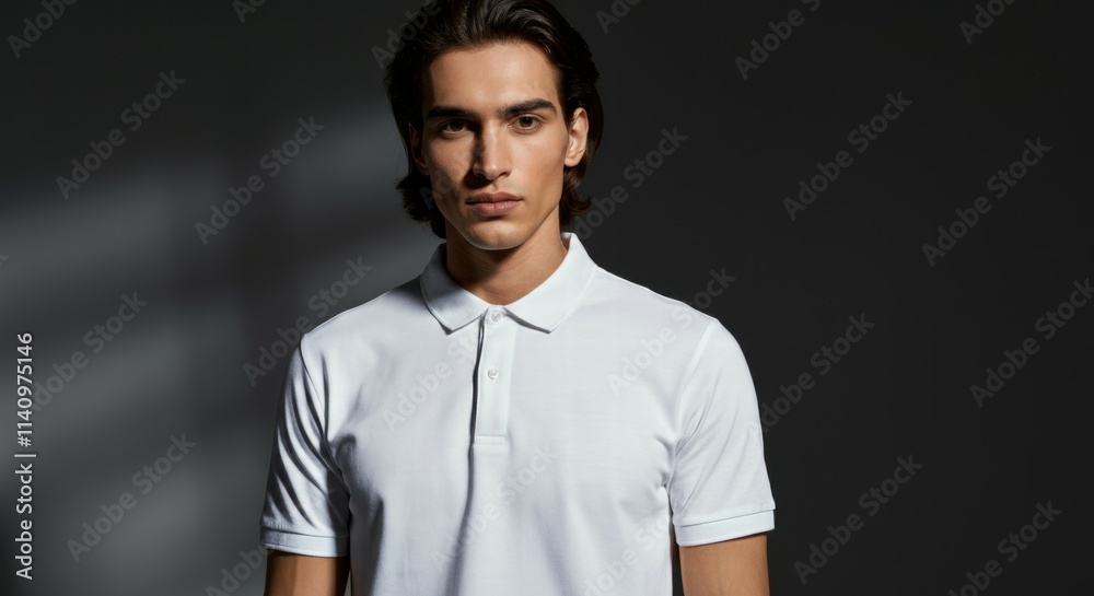 Caucasian young male in white polo on dark background Caucasian young male in white polo on dark background
