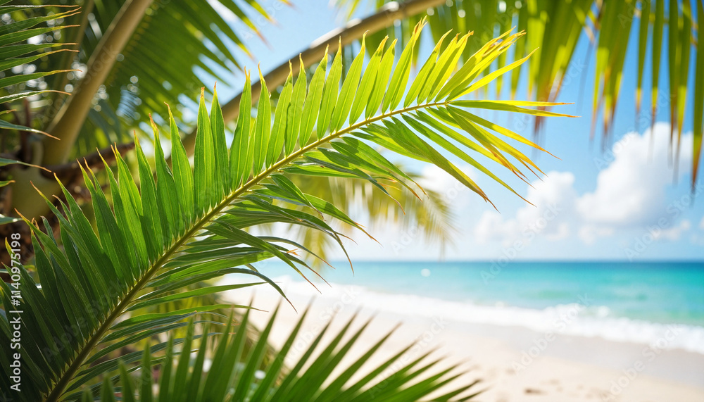 Fototapeta premium Palm leaves with beach and blue sky in background.