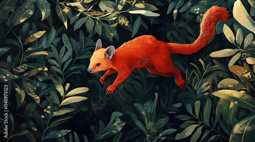 A vibrant red arboreal marsupial leaps through lush green foliage. Arboreal. Illustration photo