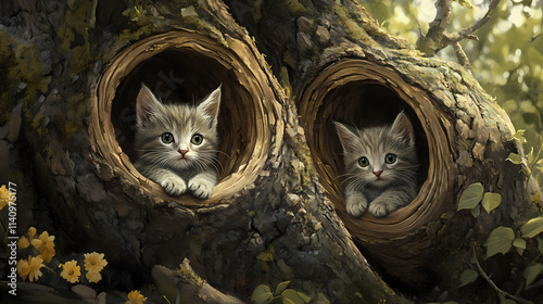 An arboreal garden with two baby kittens in hollowed out trees. Arboreal. Illustration photo