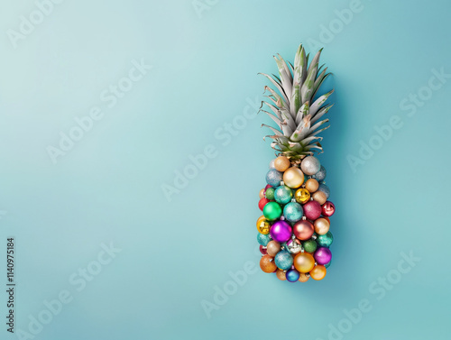 Minimal creative xmas idea of pineapple decorated with colorful christmas baubles.