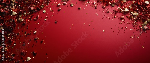 Shimmering golden confetti cascading against a vibrant red background in festive celebration