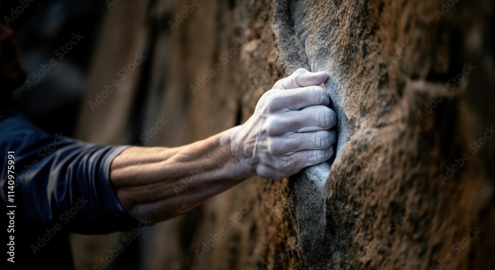 Close-up of a climber's hand gripping a rocky path with chalked fingers Close-up of a climber's hand gripping a rocky path with chalked fingers