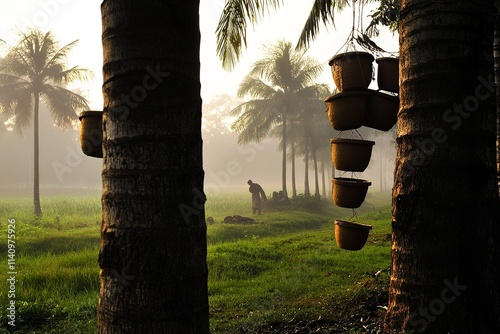 Foggy Winter Morning in Bengali Village, Man Collecting Date Palm Sap as Sun Rises Over Misty Fields photo