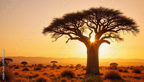 Majestic tree in golden savanna at sunset.