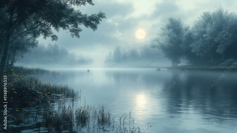 Fototapeta premium Misty lake, moonlit trees, tranquil scene.