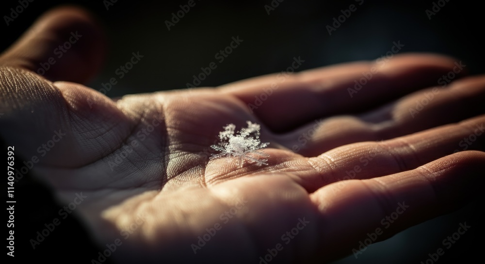 Delicate snowflake on male adult caucasian hand in winter light Delicate snowflake on male adult caucasian hand in winter light