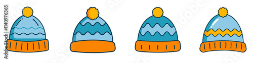 Winter hats. Stylish and cozy winter hats with playful pompoms. Vector illustration