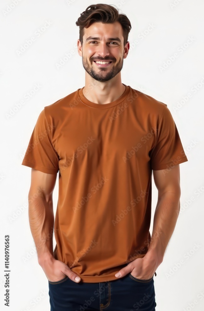 Obraz premium man stands on the left in a color mocha T-shirt, on a white background