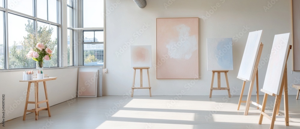 Fototapeta premium Empty room with large windows that offer a view of the city. the room has white walls and wooden flooring. on the left side of the room, there is a wooden easel with a vase of pink flowers on top.