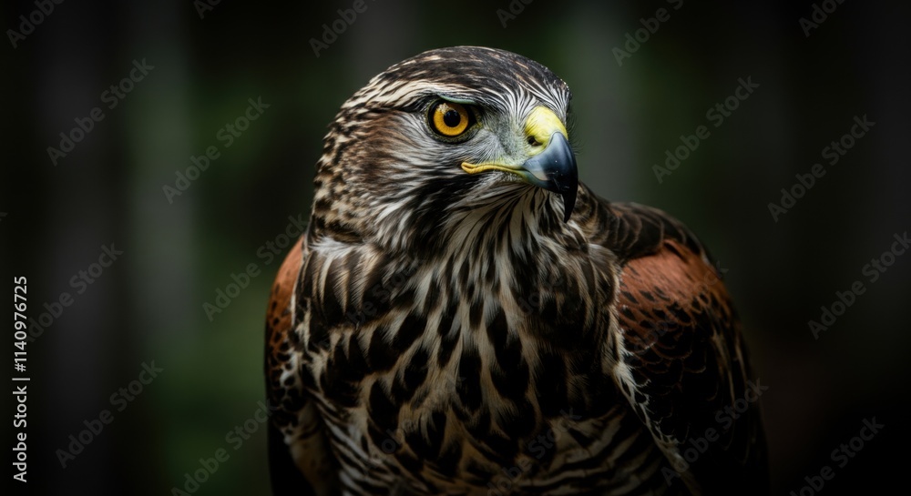 Majestic hawk with striking plumage and intense yellow eyes in natural habitat Majestic hawk with striking plumage and intense yellow eyes in natural habitat