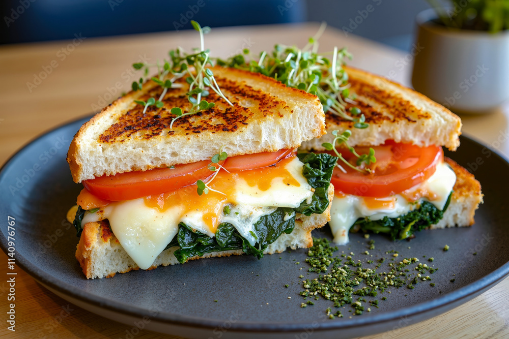 A grilled cheese sandwich with tomatoes and spinach on a plate A grilled cheese sandwich with tomatoes and spinach on a plate