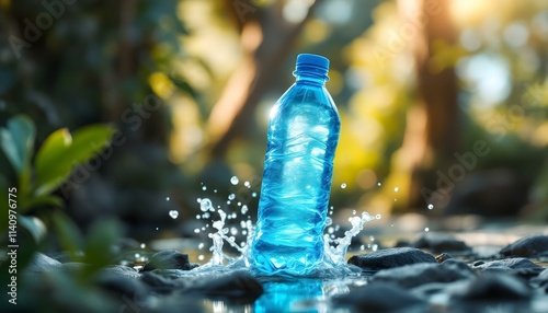 Mockup of a Refreshing Water Bottle Splashing into Crystal Clear Stream, Template 
 photo