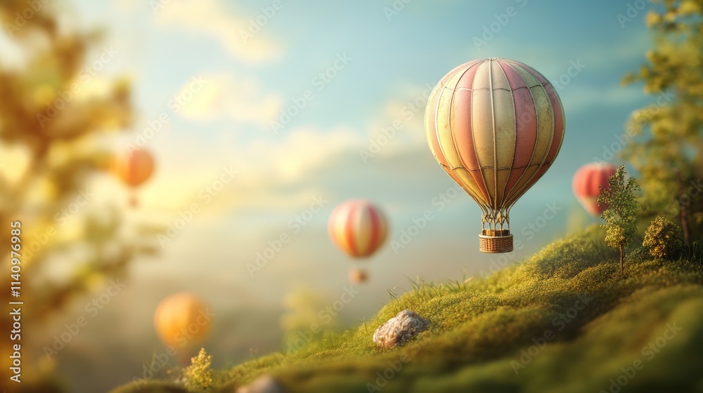 Fototapeta premium A hot air balloon is floating in the sky above a grassy hill. There are several other hot air balloons in the background