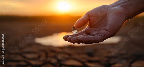 Sunset, hand holding a water drop on cracked, dry earth.