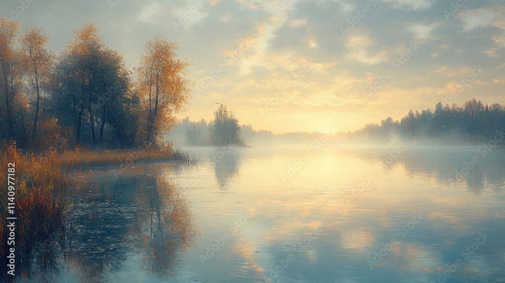 Fototapeta premium Serene autumn sunrise, misty lake, tree reflections.